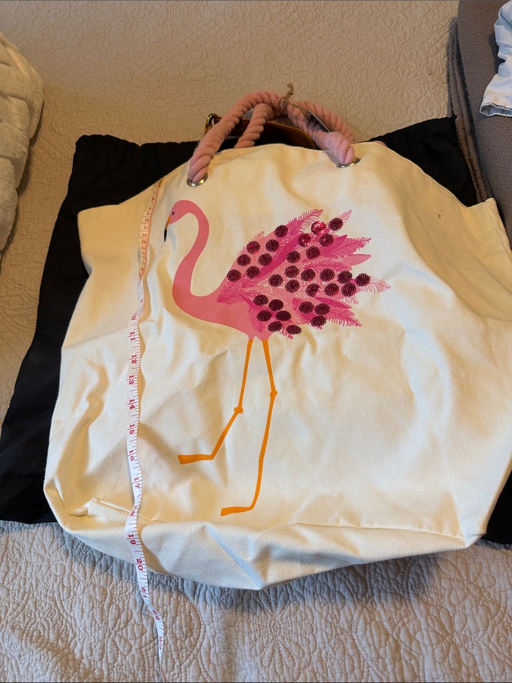 Canvas Tote with Pink Flamingo Graphic and Rope Handles